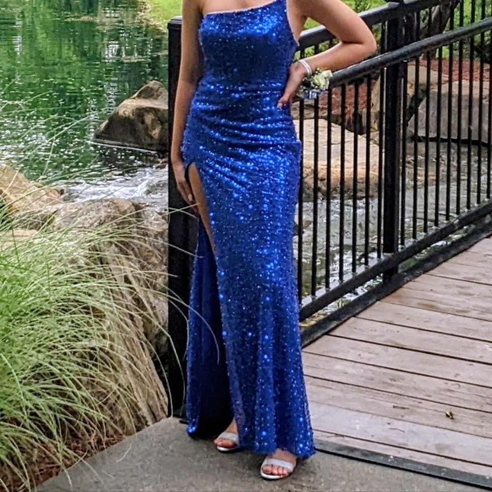 Cinderella One Shoulder Blue Sequin Dress